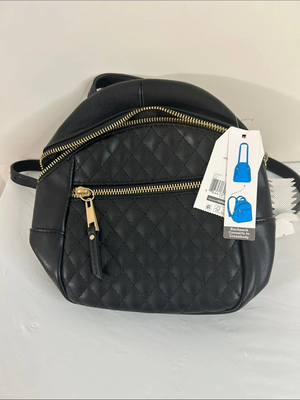 Time and Tru Black Quilted Faux Leather Mini Backpack with Gold Hardware